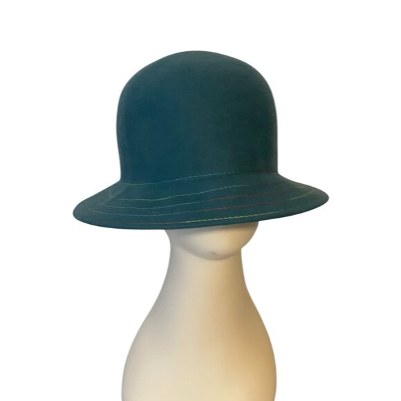 Raffaello Bettini 100% Wool Hat Teal Blue Green Cloche Style Made In Italy main image 8